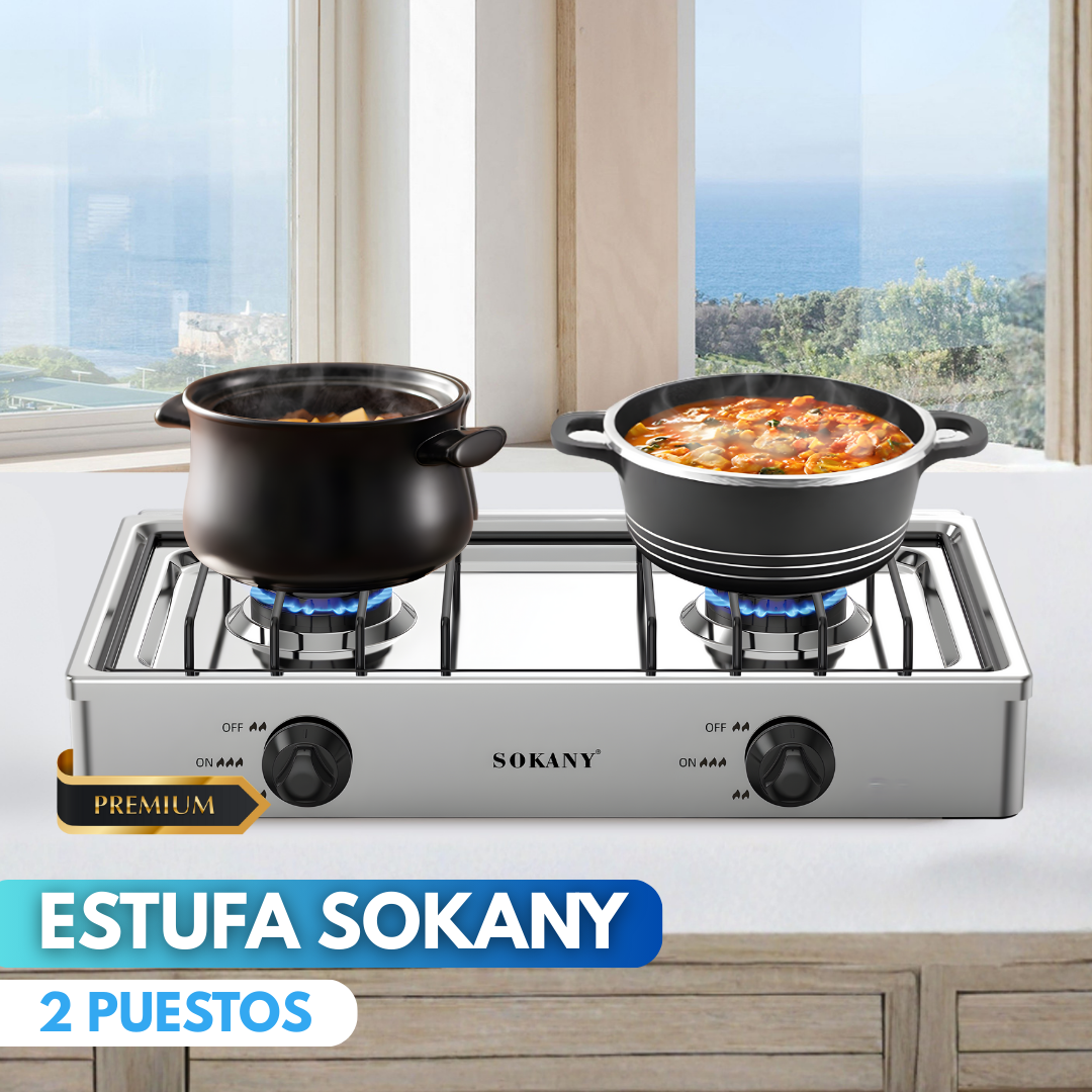 Estufa de 2 Puestos Sokany •ACERO INOXIDABLE•GAS NATURAL Y PIPETA•