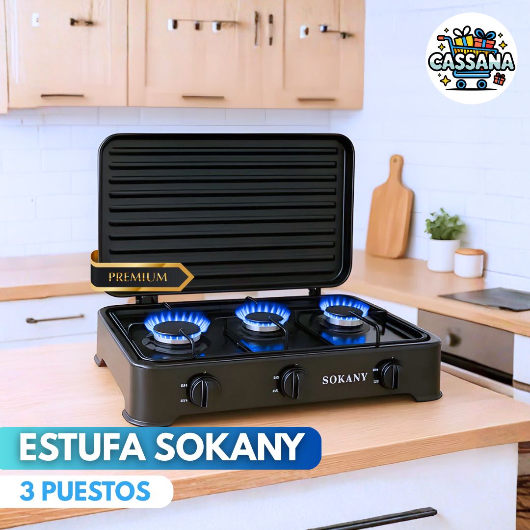 Estufa de 3 Puestos Sokany •ACERO INOXIDABLE•GAS NATURAL Y PIPETA•