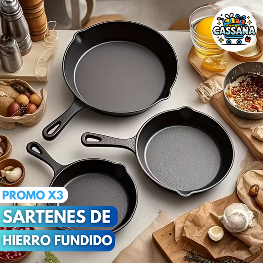 Juego De 3 Sartenes De Hierro Fundido Para Cocinar-Resistente a Alta Temperatura🔥